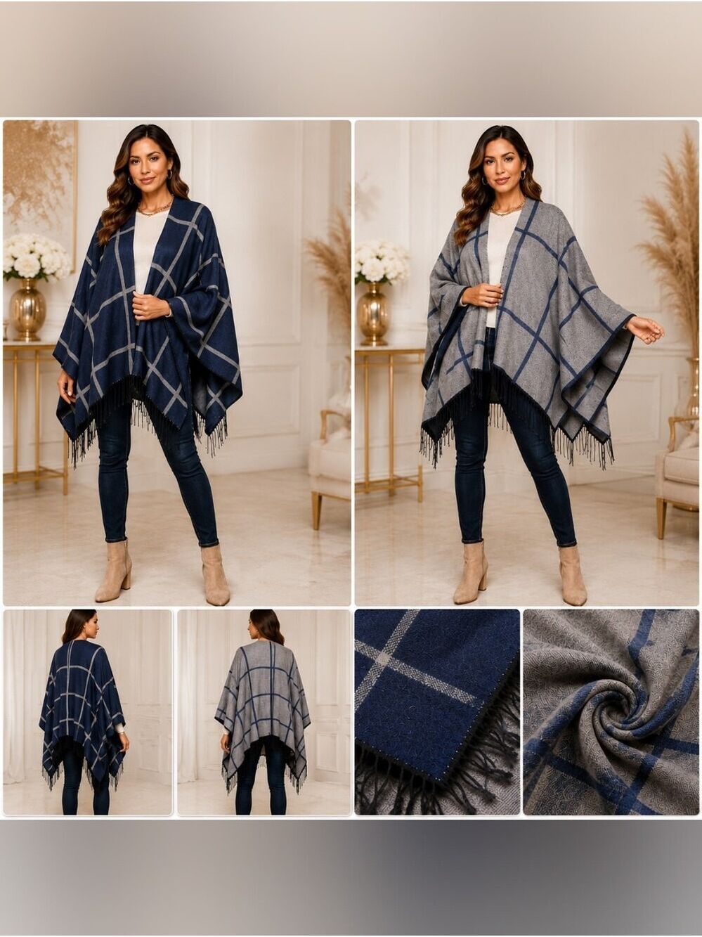 Kollie More | Reversible Shawl | Versatile Wrap | Gray & Navy Blue - Picture 1 of 6